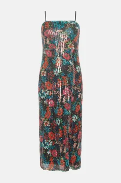 Sale Oasis Floral Printed Sequin Cross Back Midi Dress Black