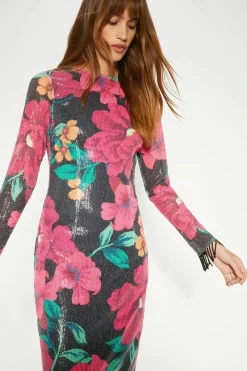 Outlet Oasis Floral Printed Sequin Fringe Detail Column Midi Dress Black