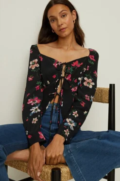 Hot Oasis Floral Printed Tie Detail Top Black