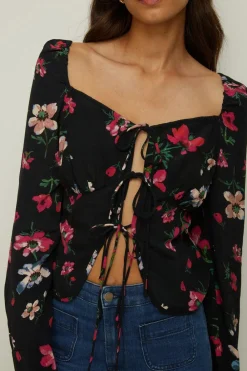 Hot Oasis Floral Printed Tie Detail Top Black