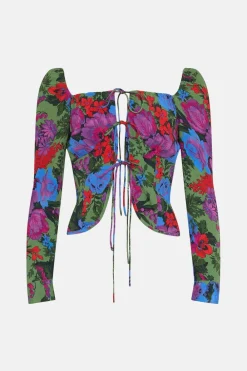Fashion Oasis Floral Printed Tie Detail Top Green