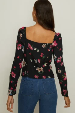Hot Oasis Floral Printed Tie Detail Top Black