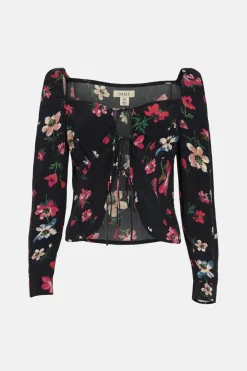 Hot Oasis Floral Printed Tie Detail Top Black