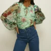 New Oasis Floral Printed Tie Keyhole Blouse Sage