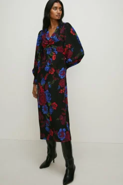 Discount Oasis Floral Printed Twist Front Crepe Midi Dress Black