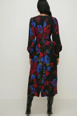 Discount Oasis Floral Printed Twist Front Crepe Midi Dress Black