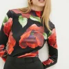 Outlet Oasis Floral Printed Velvet Funnel Neck Top Black