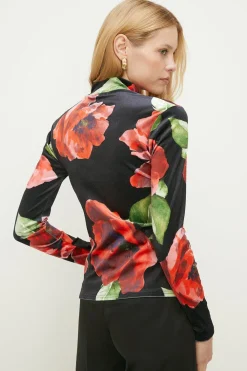 Outlet Oasis Floral Printed Velvet Funnel Neck Top Black