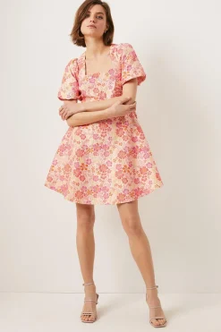 Online Oasis Floral Puff Sleeve Jacquard Mini Dress Pink