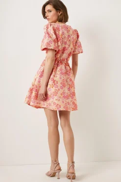 Online Oasis Floral Puff Sleeve Jacquard Mini Dress Pink