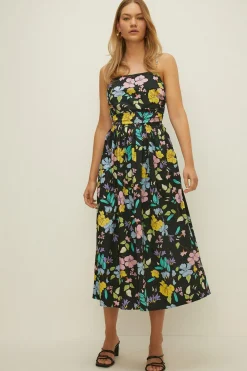 Outlet Oasis Floral Ruched Bodice Strappy Midi Dress Neon
