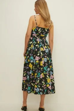 Outlet Oasis Floral Ruched Bodice Strappy Midi Dress Neon