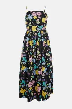 Outlet Oasis Floral Ruched Bodice Strappy Midi Dress Neon