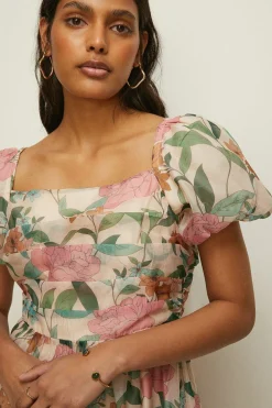 Discount Oasis Floral Ruched Detail Organza Midi Dress Navy