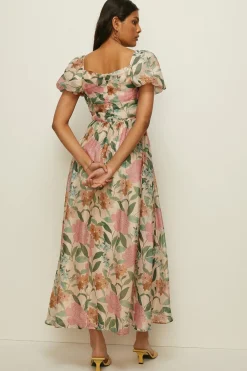 Discount Oasis Floral Ruched Detail Organza Midi Dress Navy
