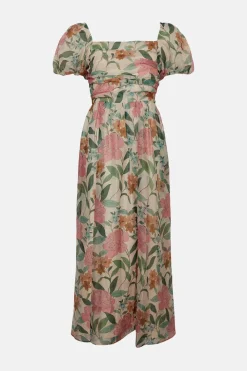 Discount Oasis Floral Ruched Detail Organza Midi Dress Navy