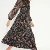 Clearance Oasis Floral Ruched Keyhole Chiffon Midi Dress Black