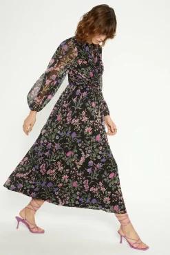 Clearance Oasis Floral Ruched Keyhole Chiffon Midi Dress Black