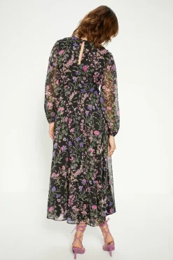 Clearance Oasis Floral Ruched Keyhole Chiffon Midi Dress Black