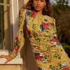 Hot Oasis Floral Ruched Mini Dress Ochre