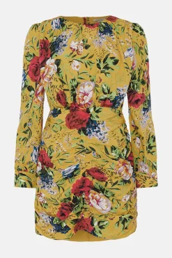 Hot Oasis Floral Ruched Mini Dress Ochre