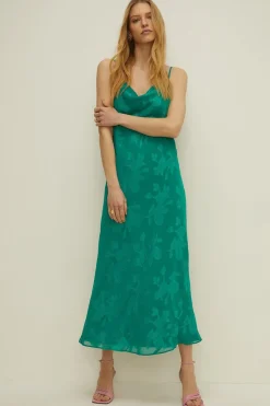 Hot Oasis Floral Satin Burnout Cowl Neck Slip Dress Bright Green