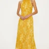 Hot Oasis Floral Satin Burnout Halter Midi Dress Ochre