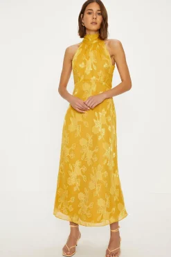 Hot Oasis Floral Satin Burnout Halter Midi Dress Ochre
