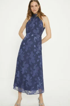 Hot Oasis Floral Satin Burnout Halter Midi Dress Navy
