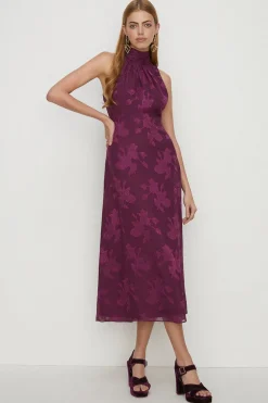 Discount Oasis Floral Satin Burnout Halter Neck Midi Dress Purple