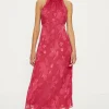 Fashion Oasis Floral Satin Burnout Halter Midi Dress Magenta Pink