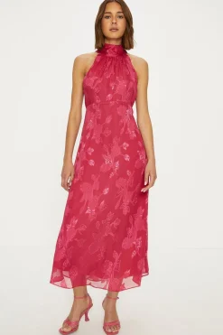 Fashion Oasis Floral Satin Burnout Halter Midi Dress Magenta Pink