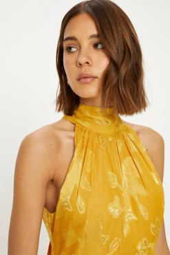 Hot Oasis Floral Satin Burnout Halter Midi Dress Ochre