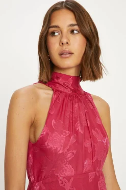 Fashion Oasis Floral Satin Burnout Halter Midi Dress Magenta Pink