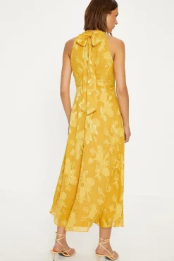Hot Oasis Floral Satin Burnout Halter Midi Dress Ochre