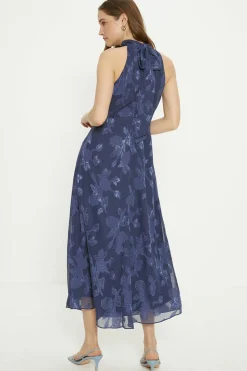 Hot Oasis Floral Satin Burnout Halter Midi Dress Navy