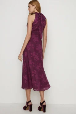 Discount Oasis Floral Satin Burnout Halter Neck Midi Dress Purple