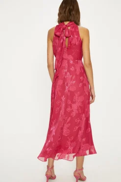 Fashion Oasis Floral Satin Burnout Halter Midi Dress Magenta Pink