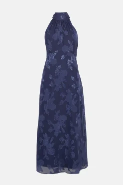 Hot Oasis Floral Satin Burnout Halter Midi Dress Navy