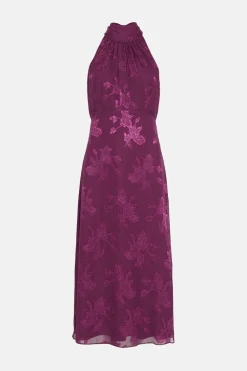 Discount Oasis Floral Satin Burnout Halter Neck Midi Dress Purple
