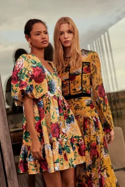 Clearance Oasis Floral Satin Puff Sleeve Skater Dress Ochre