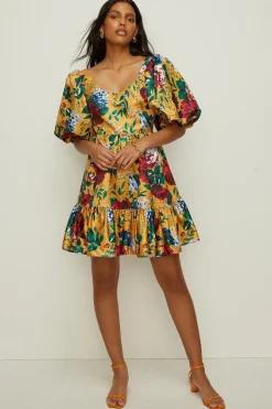 Clearance Oasis Floral Satin Puff Sleeve Skater Dress Ochre