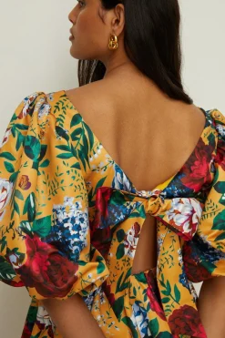 Clearance Oasis Floral Satin Puff Sleeve Skater Dress Ochre