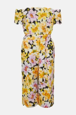 Online Oasis Floral Scallop Belted Bardot Jumpsuit Black