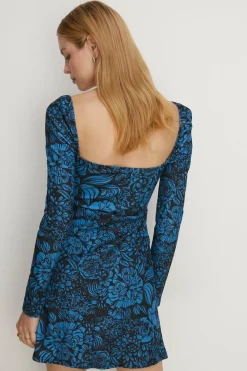 Discount Oasis Floral Scuba Crepe Sweetheart Neck Mini Dress Blue