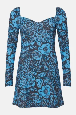 Discount Oasis Floral Scuba Crepe Sweetheart Neck Mini Dress Blue