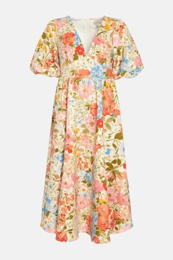 Clearance Oasis Floral Scuba Puff Sleeve Midi Dress Ivory