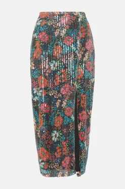 Sale Oasis Floral Sequin Co Ord Side Split Midi Skirt Multi