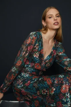 New Oasis Floral Sequin Puff Sleeve Co Ord Top Multi