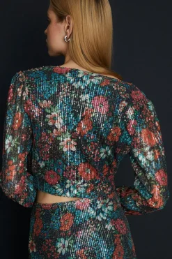 New Oasis Floral Sequin Puff Sleeve Co Ord Top Multi